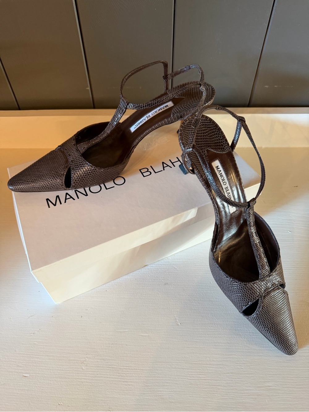 Manolo Blahnik Brown Lizard Pointed-Toe T-Strap Slingbacks